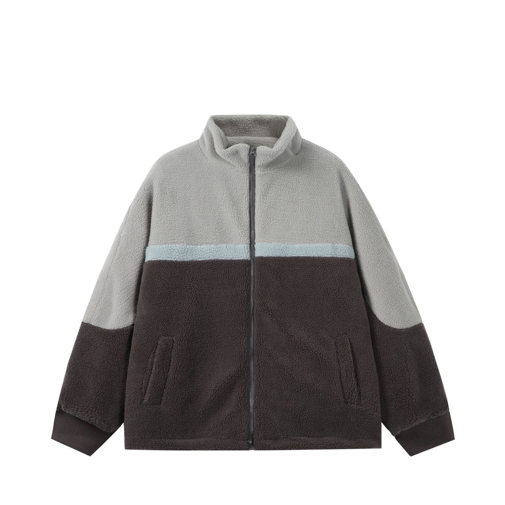 Jacket with Fleece Lining Color-blocked Stand-up Collar Casual and Versatile