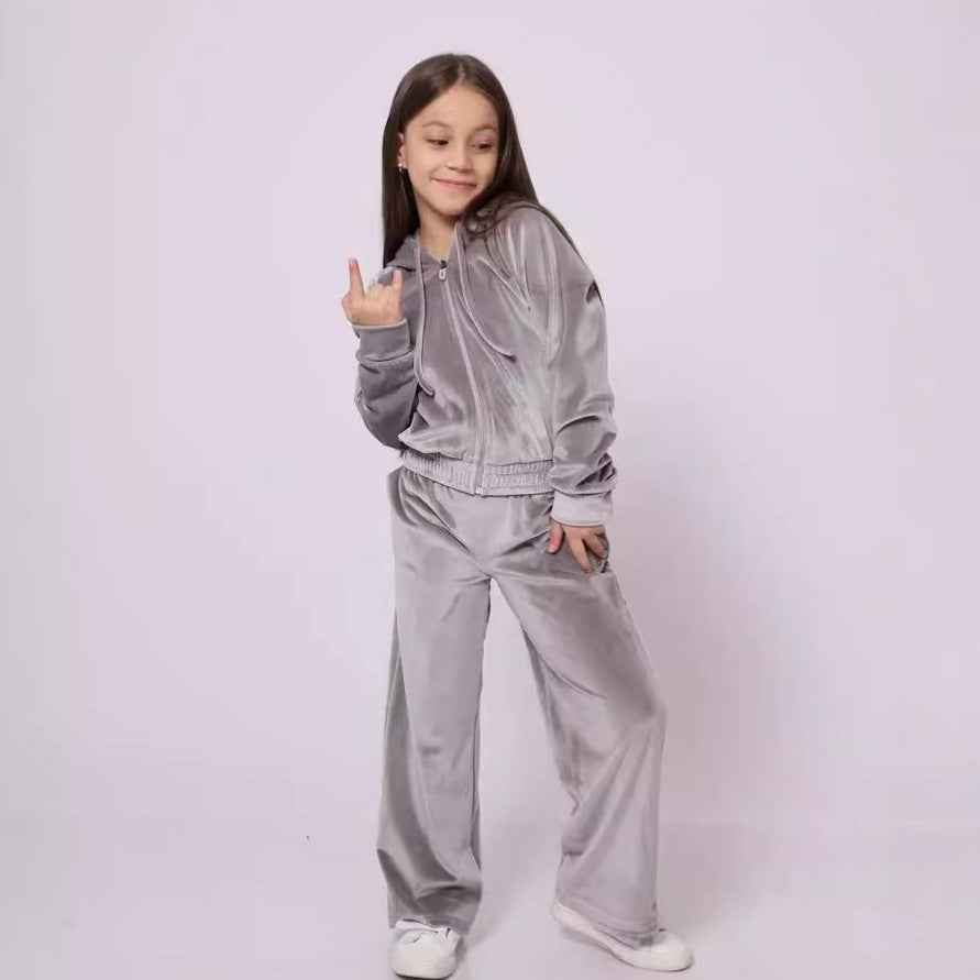 Girls Velvet Tracksuit Set | Hooded 2-Piece, 5 Colours