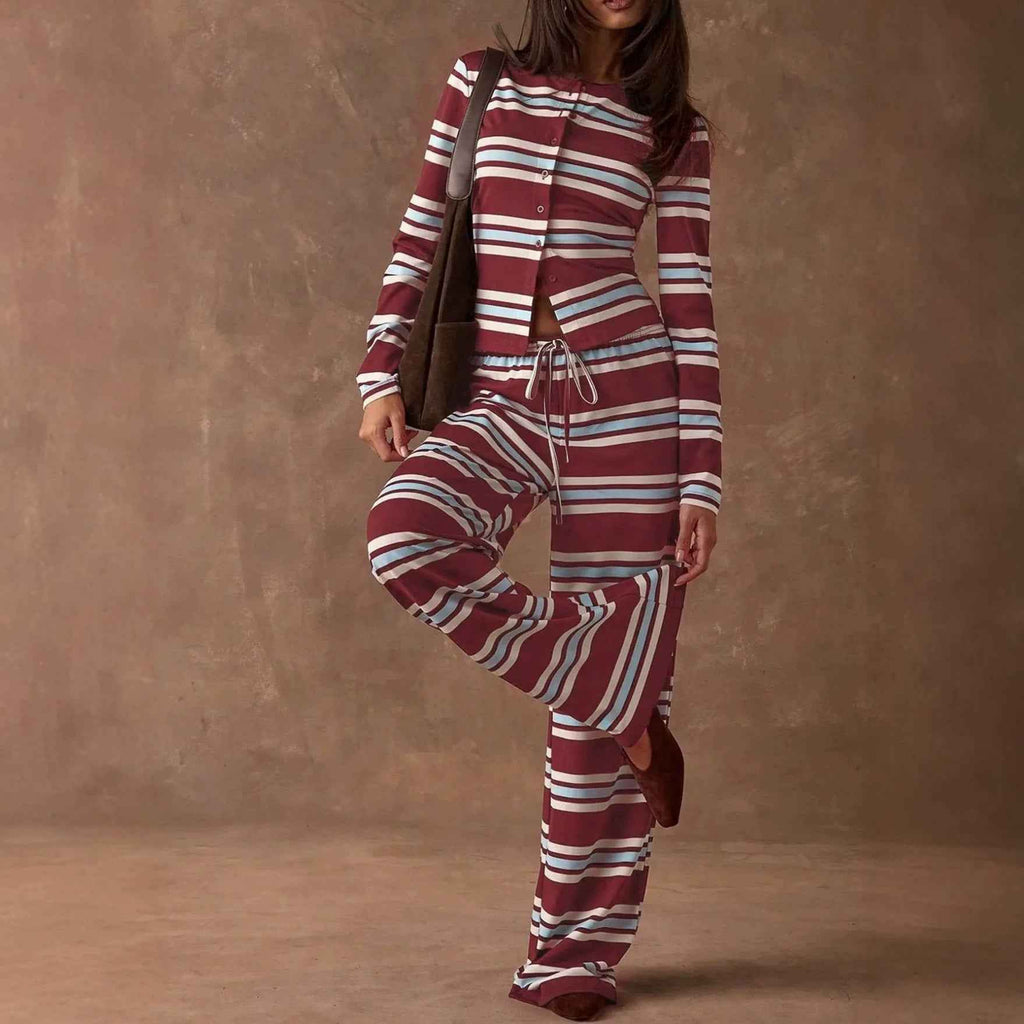 Retro Color-Block Striped Pajamas Womens Long-Sleeve Wide-Leg Pants Loungewear Two-Piece Set