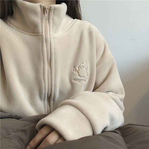 Double sided fleece jacket for women autumn and winter semi high neck zipper cardigan hoodie for women
