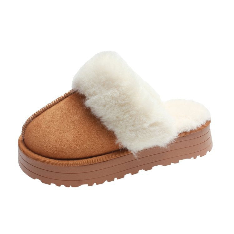 Platform Fur Cuff Slippers – Women's Suede Winter House Shoes