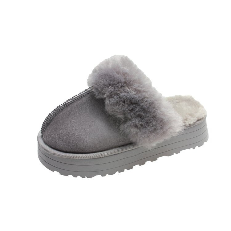 Platform Fur Cuff Slippers – Women's Suede Winter House Shoes