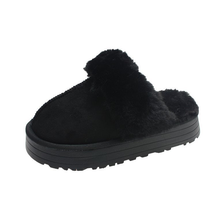 Platform Fur Cuff Slippers – Women's Suede Winter House Shoes