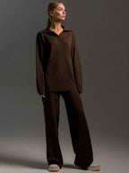 Winter Solid Color Polo Neck Wide Leg Pants Two-Piece Set for Women