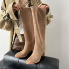 Women's Knee High Boots – Tan Suede Slouch Boots with Block Heel