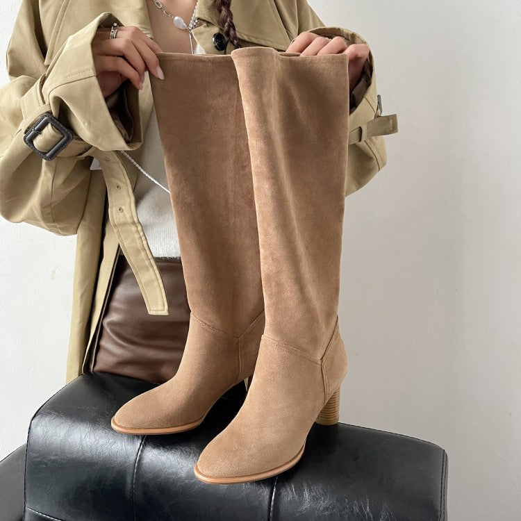 Women's Knee High Boots – Tan Suede Slouch Boots with Block Heel