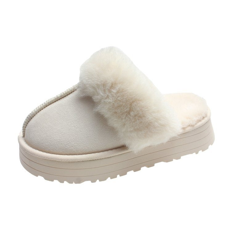 Platform Fur Cuff Slippers – Women's Suede Winter House Shoes