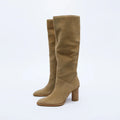 Women's Knee High Boots – Tan Suede Slouch Boots with Block Heel