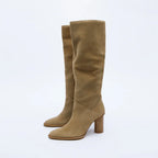 Women's Knee High Boots – Tan Suede Slouch Boots with Block Heel