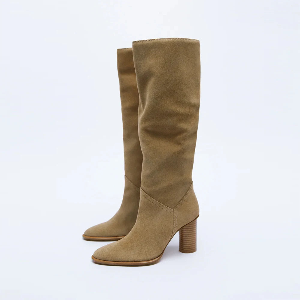 Women's Knee High Boots – Tan Suede Slouch Boots with Block Heel