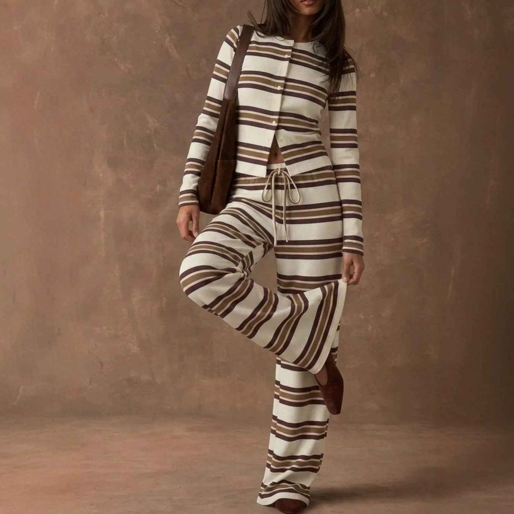 Retro Color-Block Striped Pajamas Womens Long-Sleeve Wide-Leg Pants Loungewear Two-Piece Set