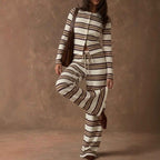 Retro Color-Block Striped Pajamas Womens Long-Sleeve Wide-Leg Pants Loungewear Two-Piece Set