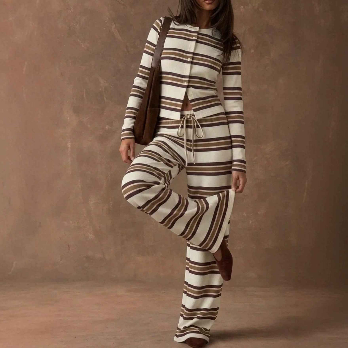 Retro Color-Block Striped Pajamas Womens Long-Sleeve Wide-Leg Pants Loungewear Two-Piece Set