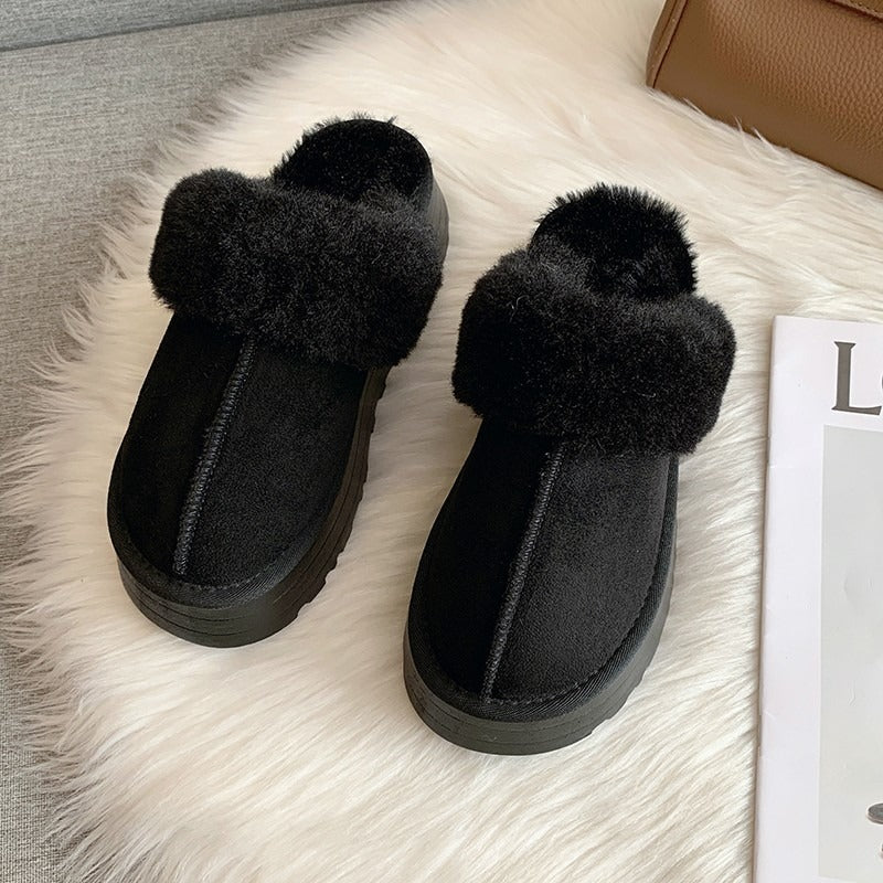 Platform Fur Cuff Slippers – Women's Suede Winter House Shoes