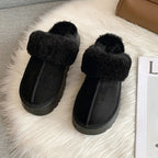 Platform Fur Cuff Slippers – Women's Suede Winter House Shoes