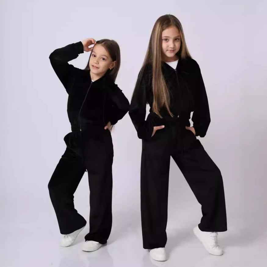 Girls Velvet Tracksuit Set | Hooded 2-Piece, 5 Colours