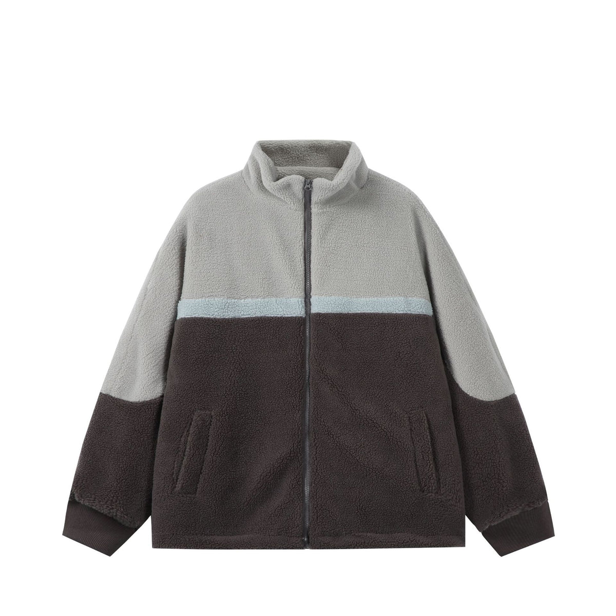 Jacket with Fleece Lining Color-blocked Stand-up Collar Casual and Versatile