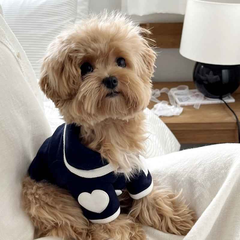 Pet pajamas, plush onesie, Bichon warm vest, heart-print winter dog clothes, two-leg snap-button puppy outfits.