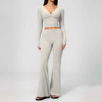 Long Sleeve Flare Yoga Set – V-Neck Crop Top & High-Waisted Flare Pants