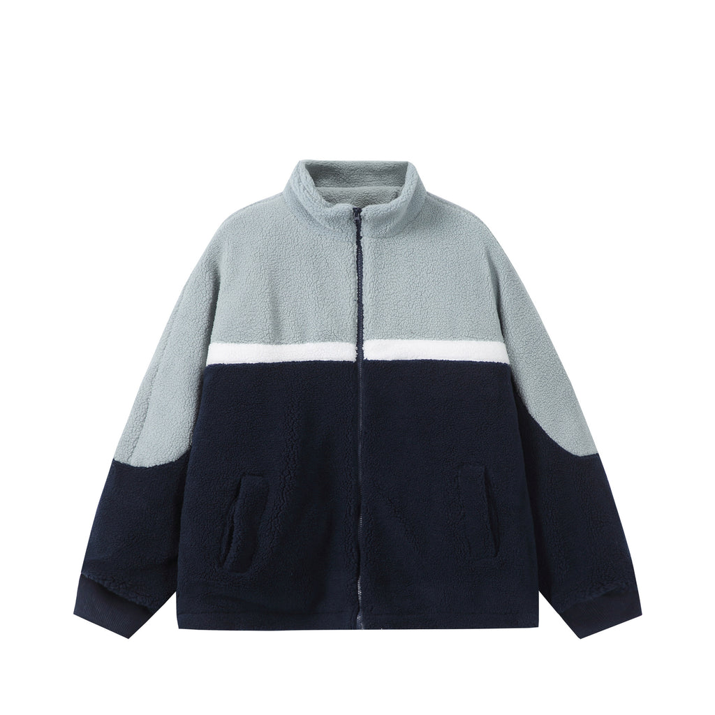 Jacket with Fleece Lining Color-blocked Stand-up Collar Casual and Versatile