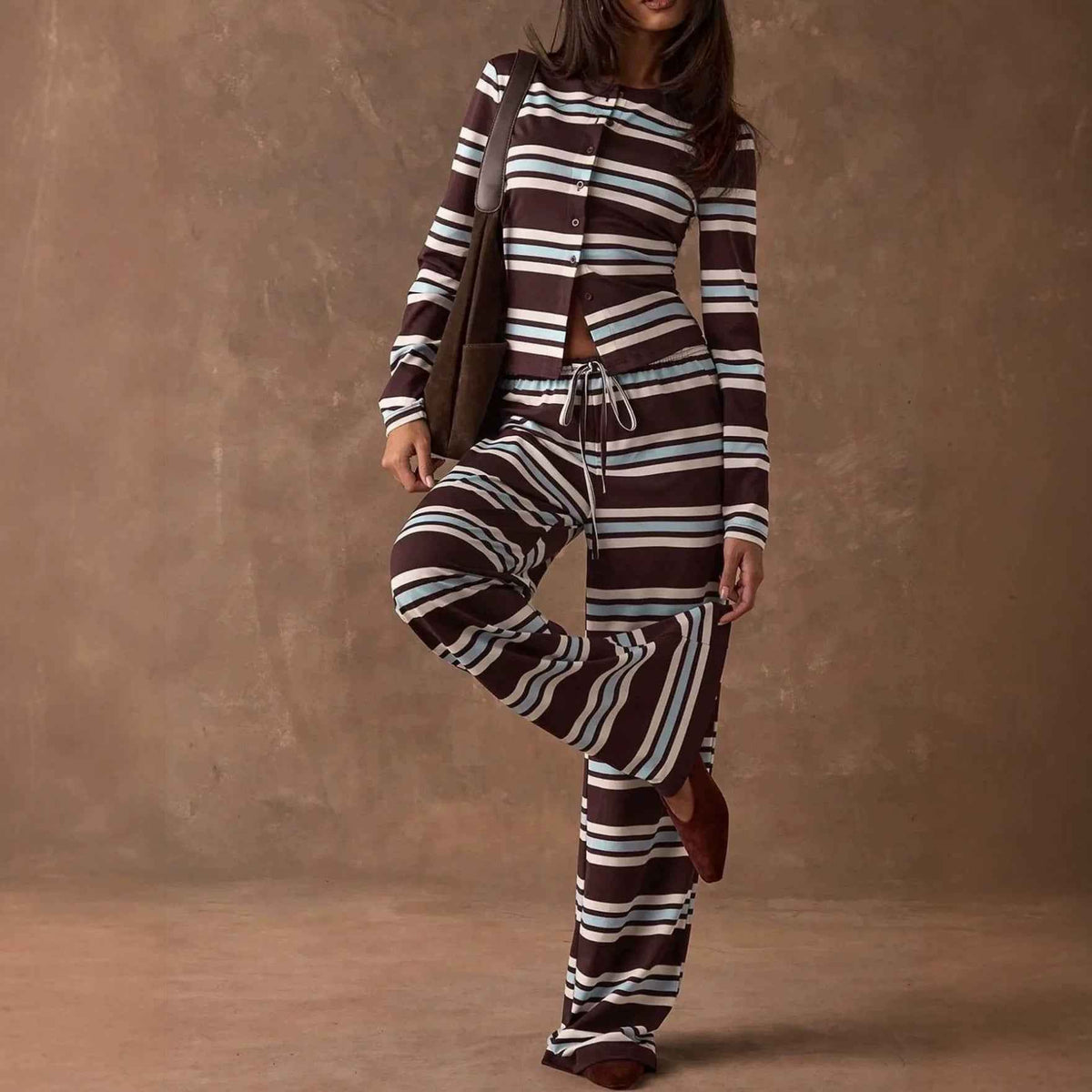 Retro Color-Block Striped Pajamas Womens Long-Sleeve Wide-Leg Pants Loungewear Two-Piece Set