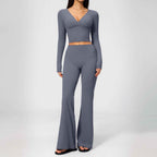 Long Sleeve Flare Yoga Set – V-Neck Crop Top & High-Waisted Flare Pants
