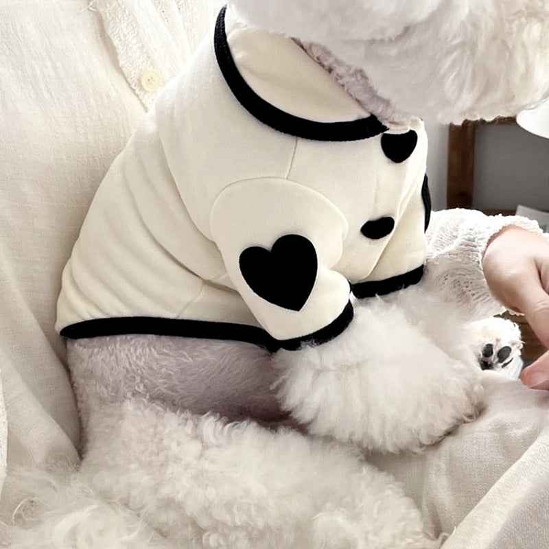 Pet pajamas, plush onesie, Bichon warm vest, heart-print winter dog clothes, two-leg snap-button puppy outfits.