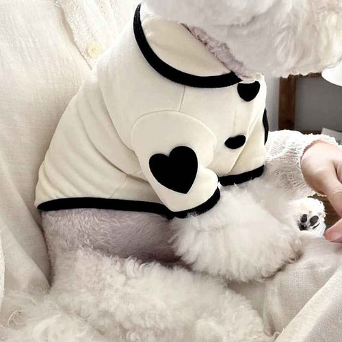 Pet pajamas, plush onesie, Bichon warm vest, heart-print winter dog clothes, two-leg snap-button puppy outfits.