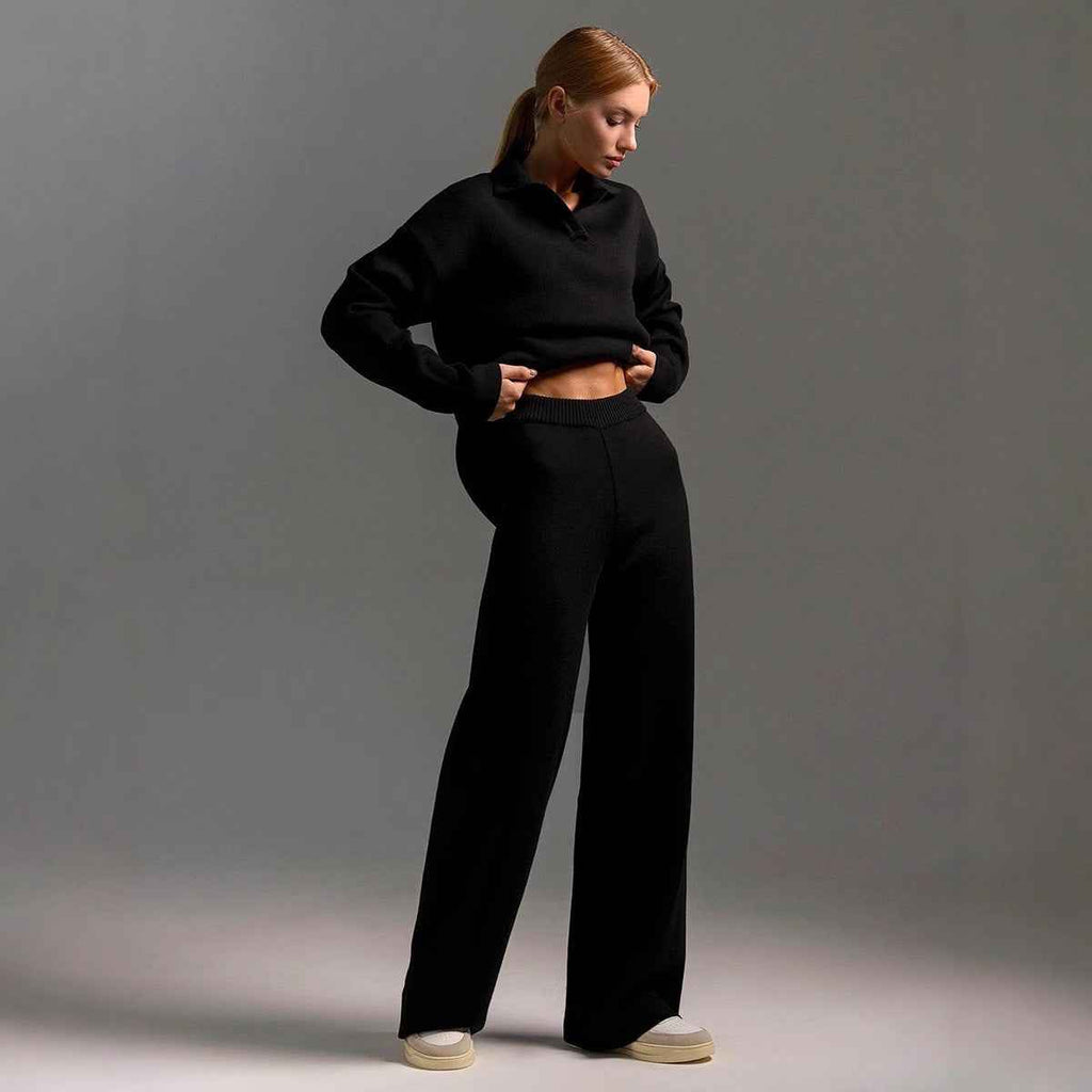 Winter Solid Color Polo Neck Wide Leg Pants Two-Piece Set for Women