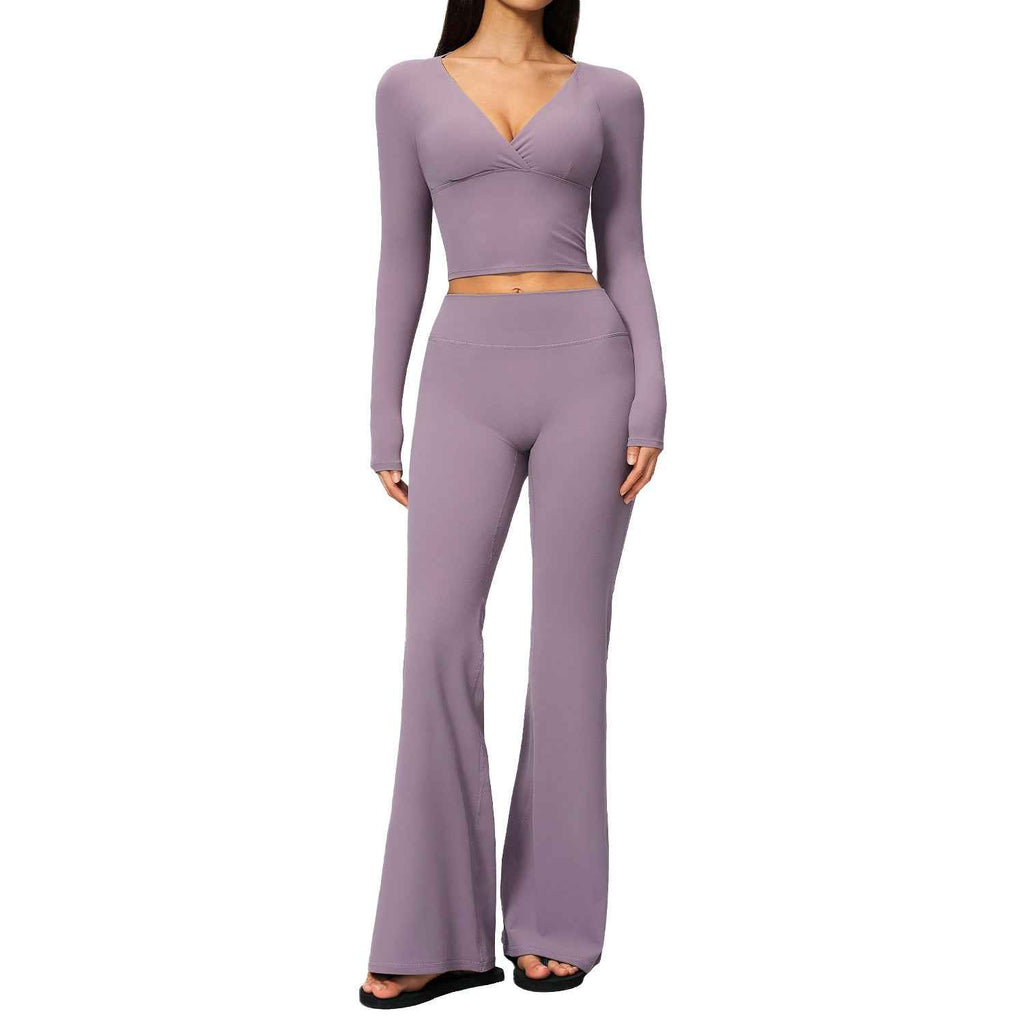 Long Sleeve Flare Yoga Set – V-Neck Crop Top & High-Waisted Flare Pants