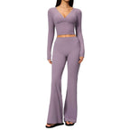 Long Sleeve Flare Yoga Set – V-Neck Crop Top & High-Waisted Flare Pants