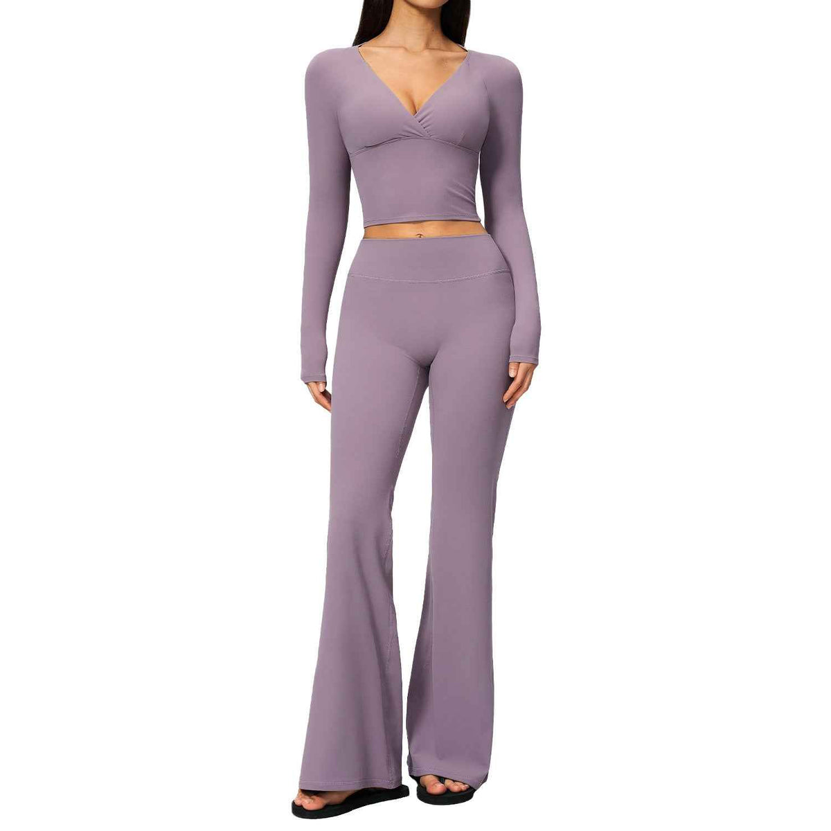 Long Sleeve Flare Yoga Set – V-Neck Crop Top & High-Waisted Flare Pants