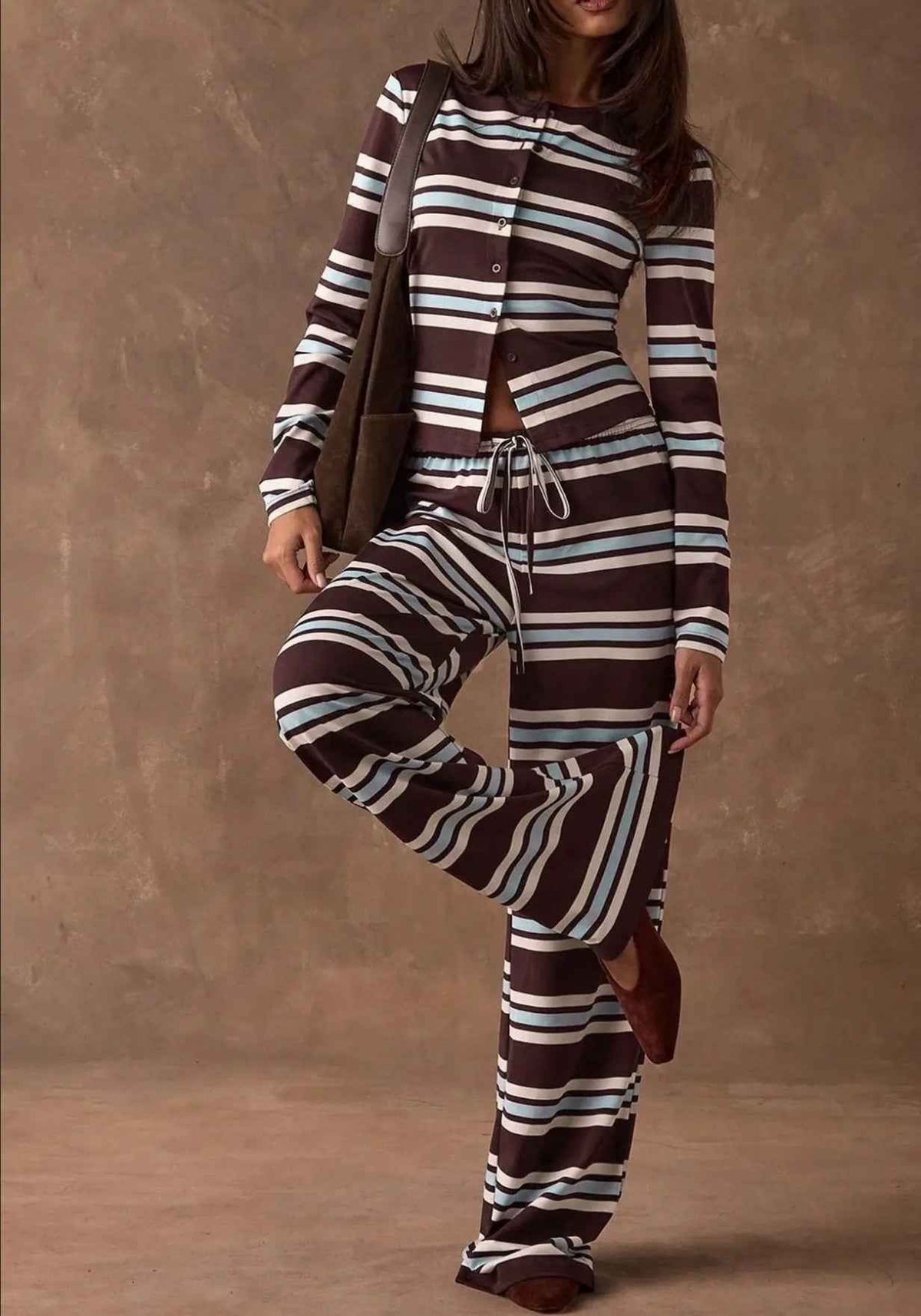 Retro Color-Block Striped Pajamas Womens Long-Sleeve Wide-Leg Pants Loungewear Two-Piece Set