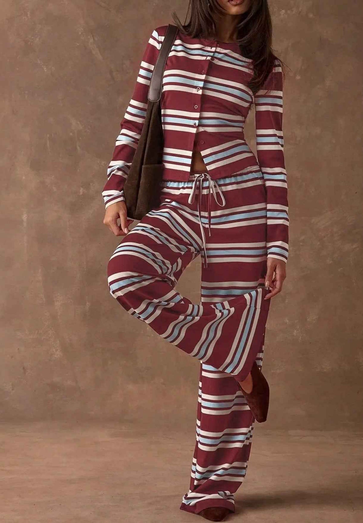Retro Color-Block Striped Pajamas Womens Long-Sleeve Wide-Leg Pants Loungewear Two-Piece Set