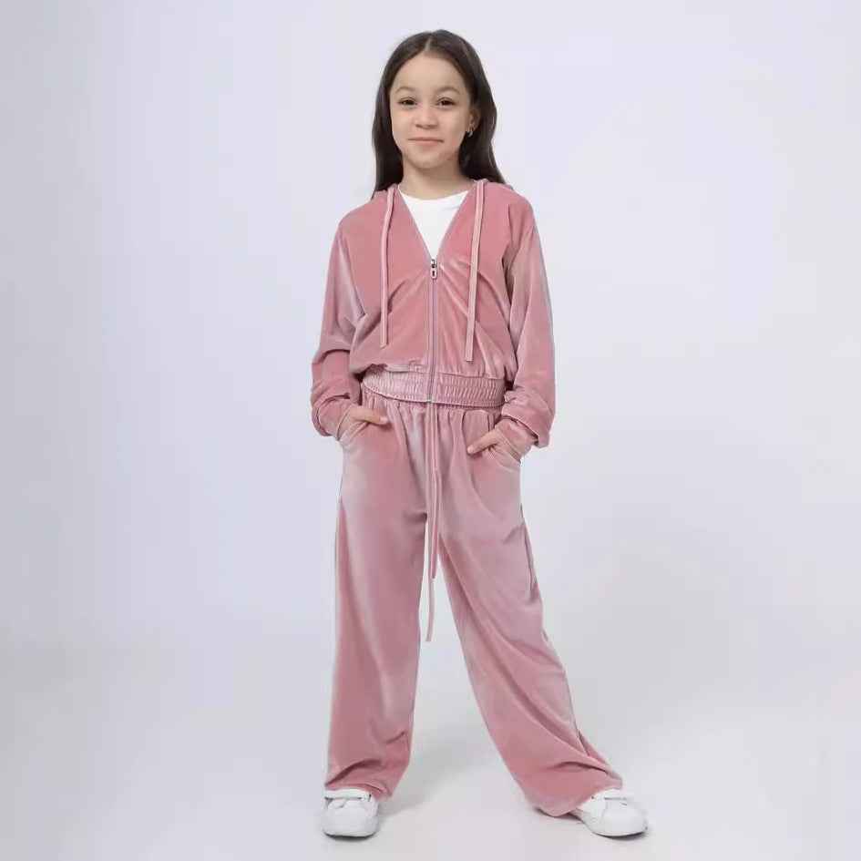 Girls Velvet Tracksuit Set | Hooded 2-Piece, 5 Colours