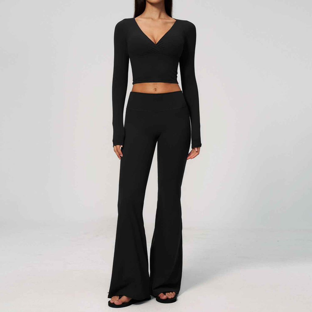 Long Sleeve Flare Yoga Set – V-Neck Crop Top & High-Waisted Flare Pants