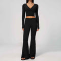 Long Sleeve Flare Yoga Set – V-Neck Crop Top & High-Waisted Flare Pants