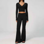 Long Sleeve Flare Yoga Set – V-Neck Crop Top & High-Waisted Flare Pants