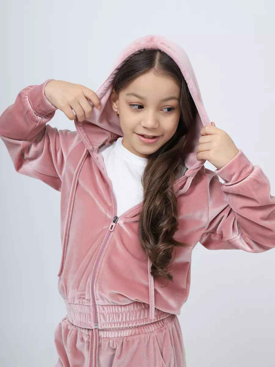 Girls Velvet Tracksuit Set | Hooded 2-Piece, 5 Colours