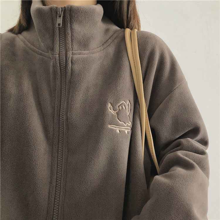 Double sided fleece jacket for women autumn and winter semi high neck zipper cardigan hoodie for women