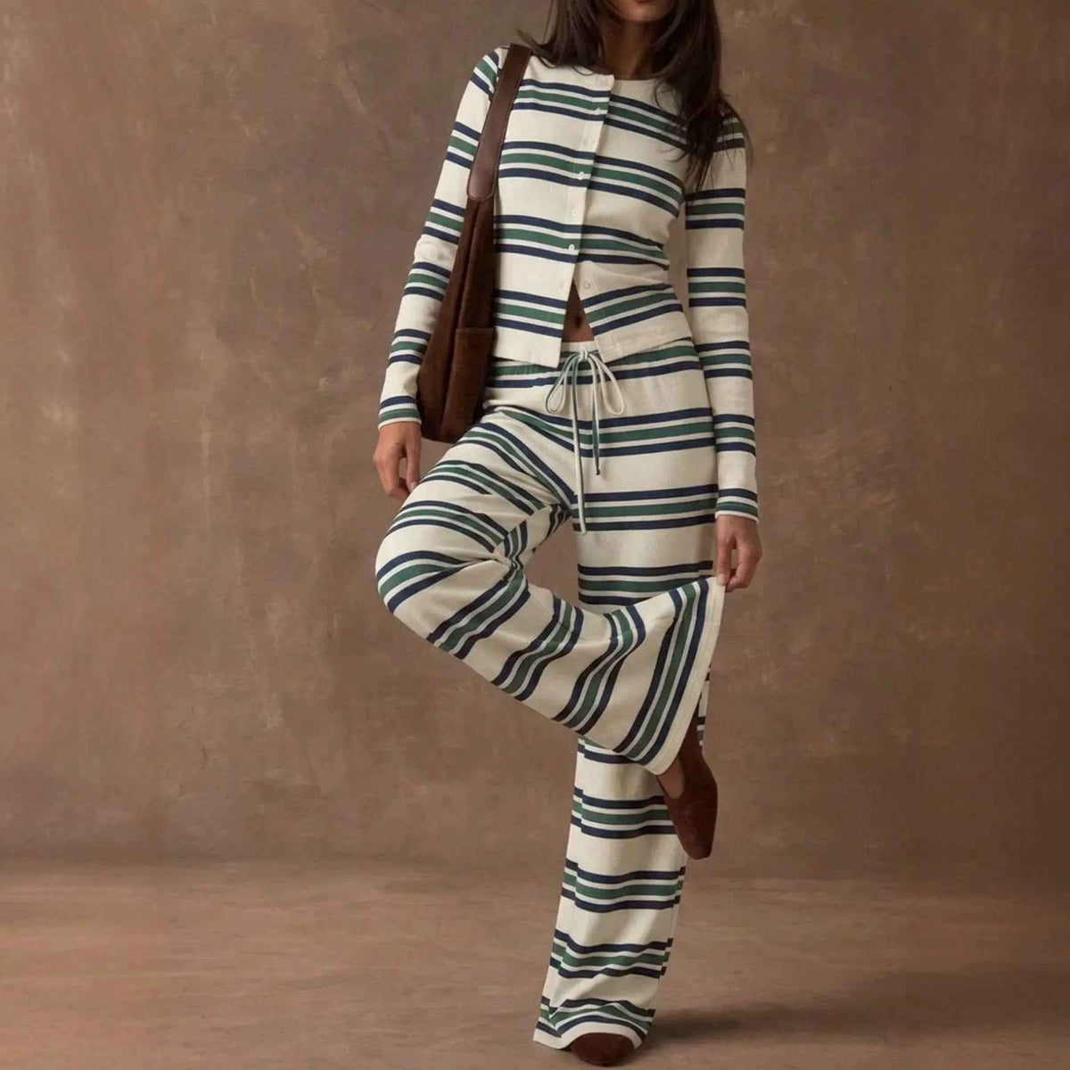 Retro Color-Block Striped Pajamas Womens Long-Sleeve Wide-Leg Pants Loungewear Two-Piece Set