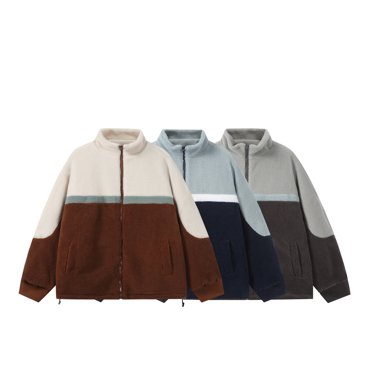 Jacket with Fleece Lining Color-blocked Stand-up Collar Casual and Versatile