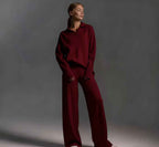 Winter Solid Color Polo Neck Wide Leg Pants Two-Piece Set for Women