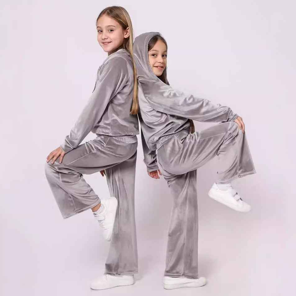Girls Velvet Tracksuit Set | Hooded 2-Piece, 5 Colours