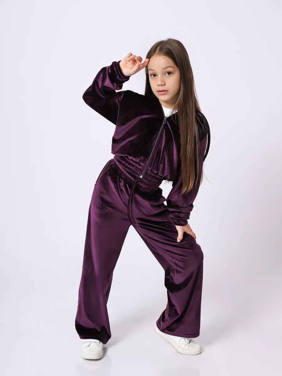 Girls Velvet Tracksuit Set | Hooded 2-Piece, 5 Colours