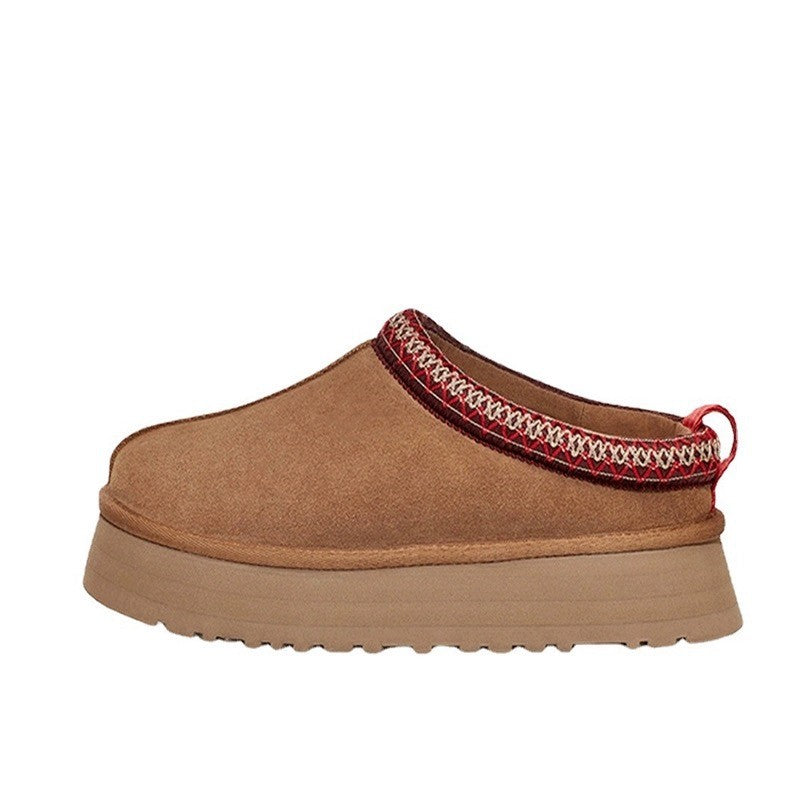 Ethnic Style Woven Chunky Sole Snow Boots for Women, Inner Heel Lift, Faux Fur Lined Cotton Boots, Slip-On, Cowhide Wool Lined, Warm, Anti-Slip