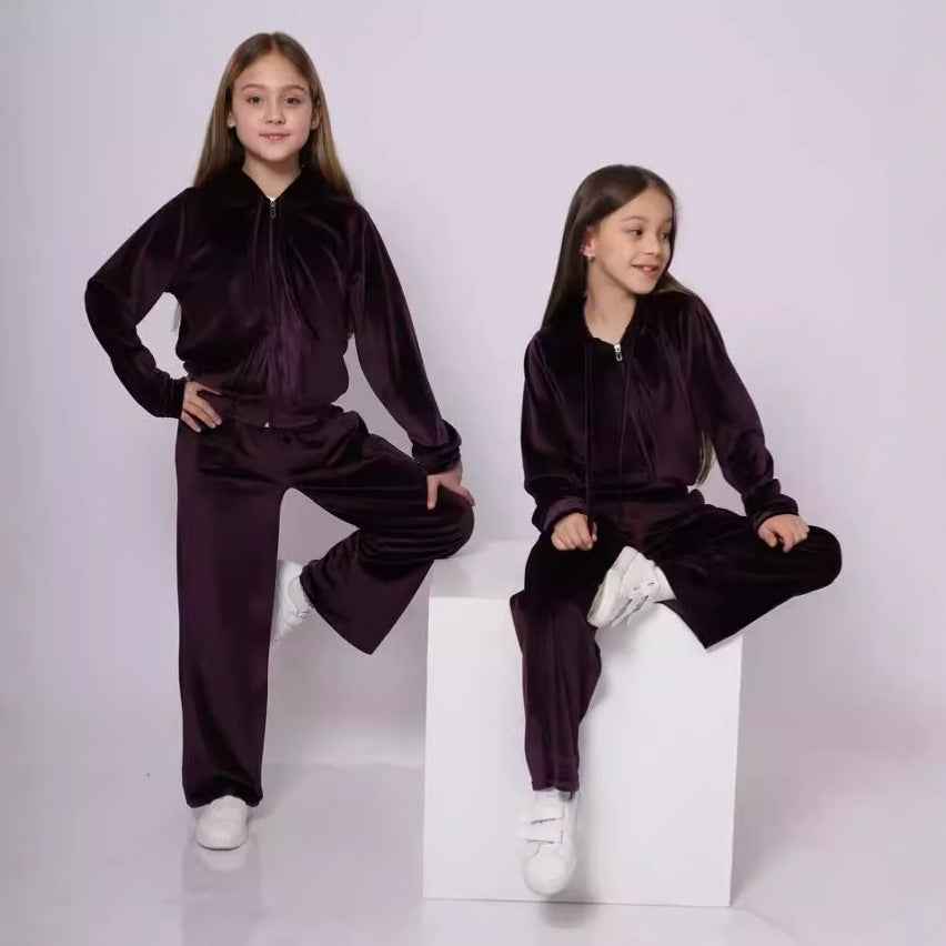 Girls Velvet Tracksuit Set | Hooded 2-Piece, 5 Colours