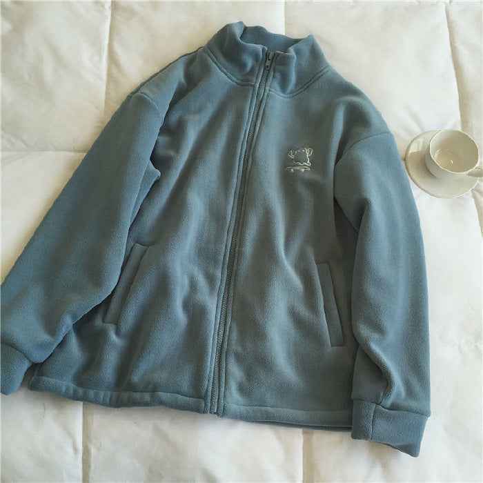 Double sided fleece jacket for women autumn and winter semi high neck zipper cardigan hoodie for women
