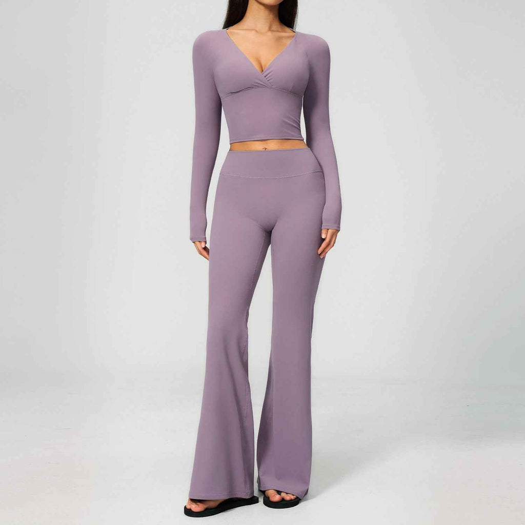 Long Sleeve Flare Yoga Set – V-Neck Crop Top & High-Waisted Flare Pants
