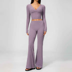 Long Sleeve Flare Yoga Set – V-Neck Crop Top & High-Waisted Flare Pants